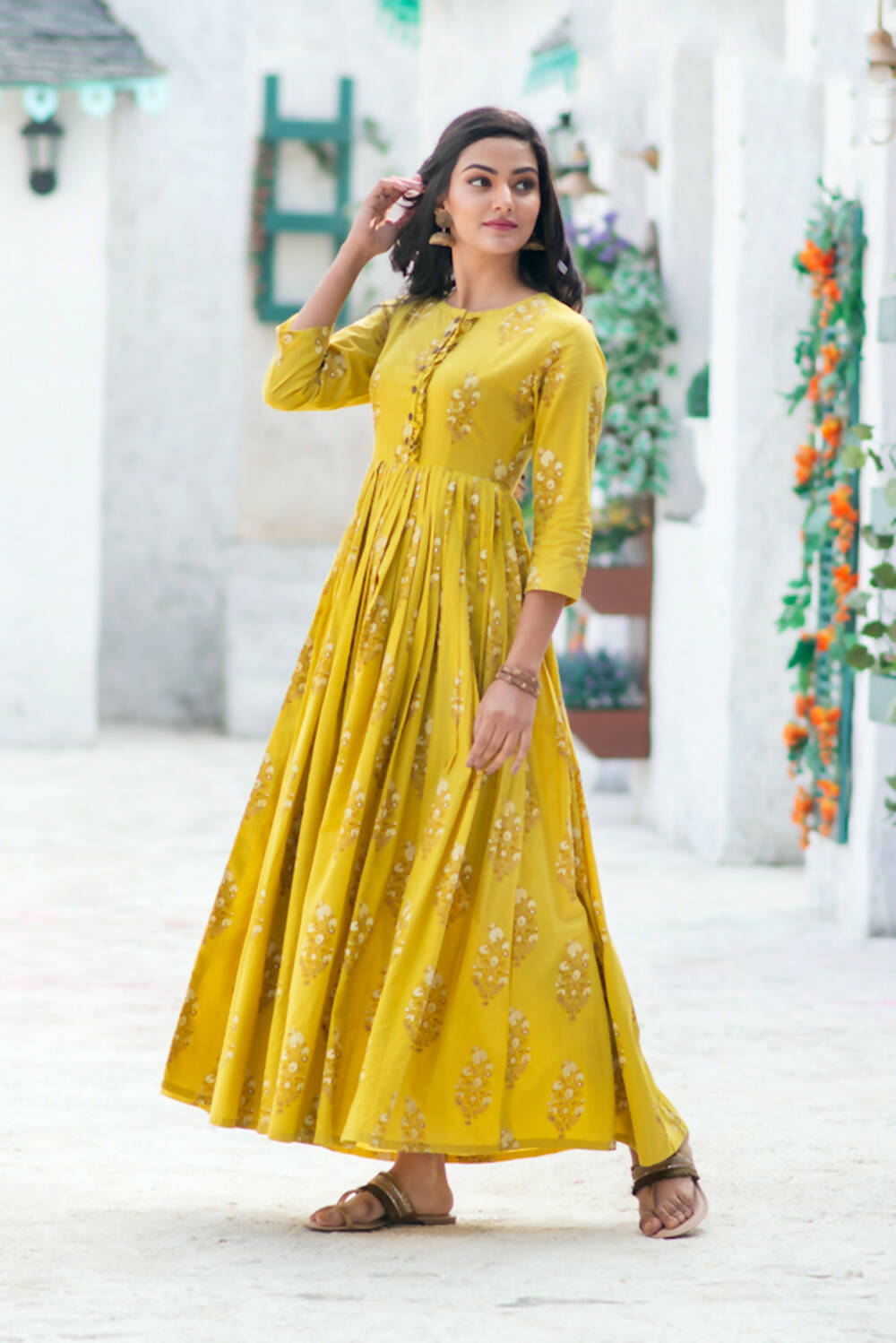 Partywear Designer Digital Printed Lemon Yellow Pure Maslin Gown - Anbazaar