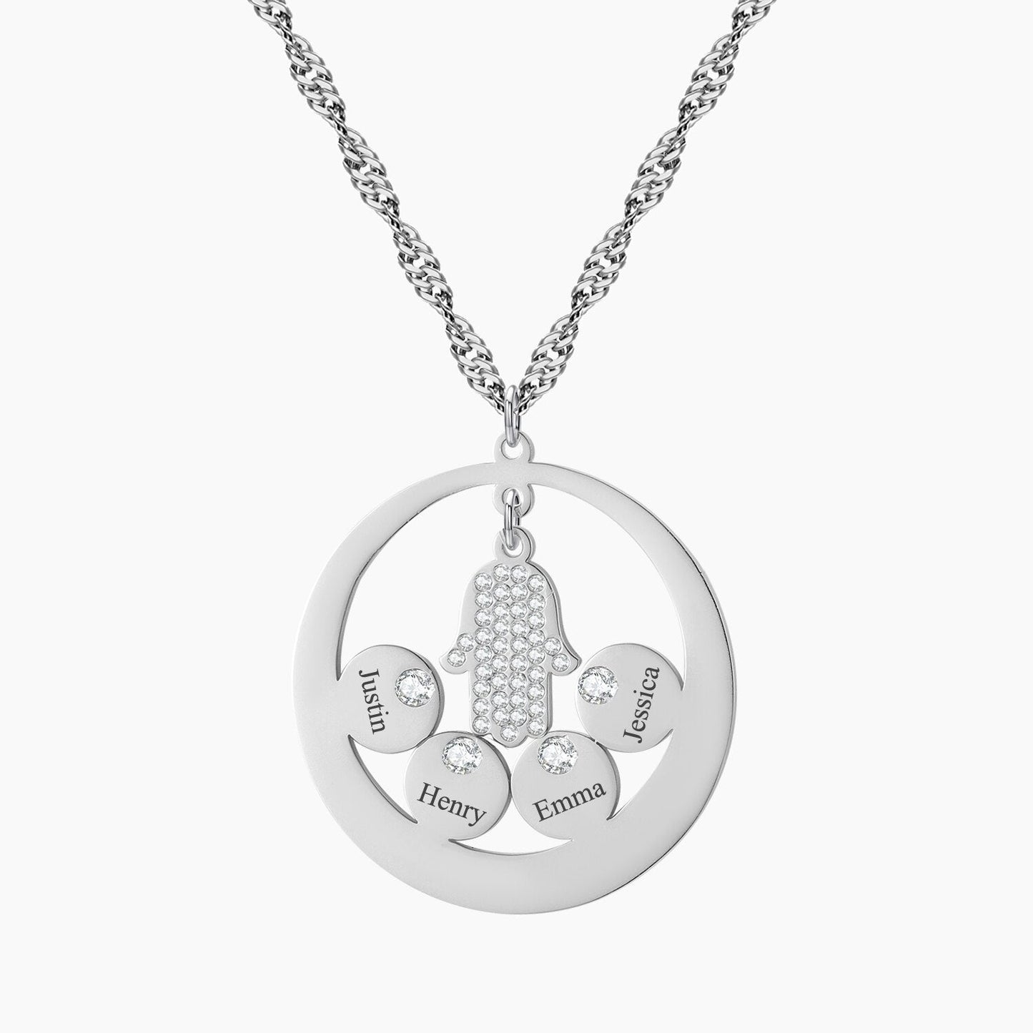 Round Family Name Necklace Hamsa Hand Stainless Steel Necklace Zircon Evil Eye Fatma's Hand