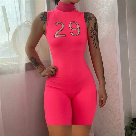 Casual Women Playsuit Summer New Casual Skinny Slim Stretch Print Letter Female Tracksuit