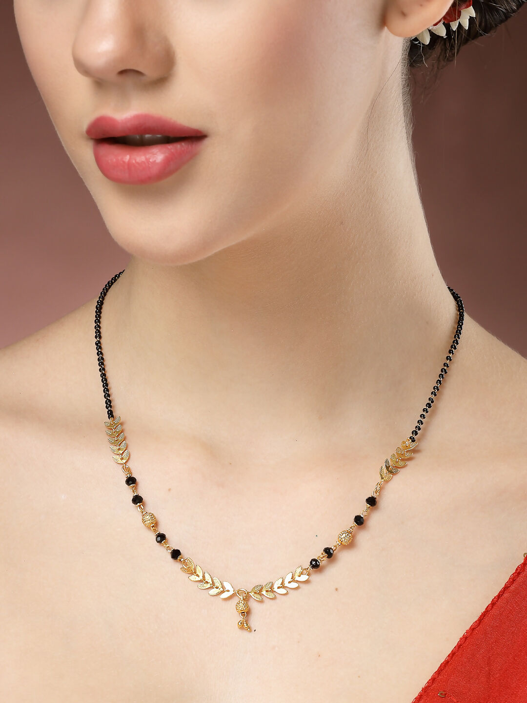 NVR Women's Set of 5 Gold-Polished Black Beaded Mangalsutra