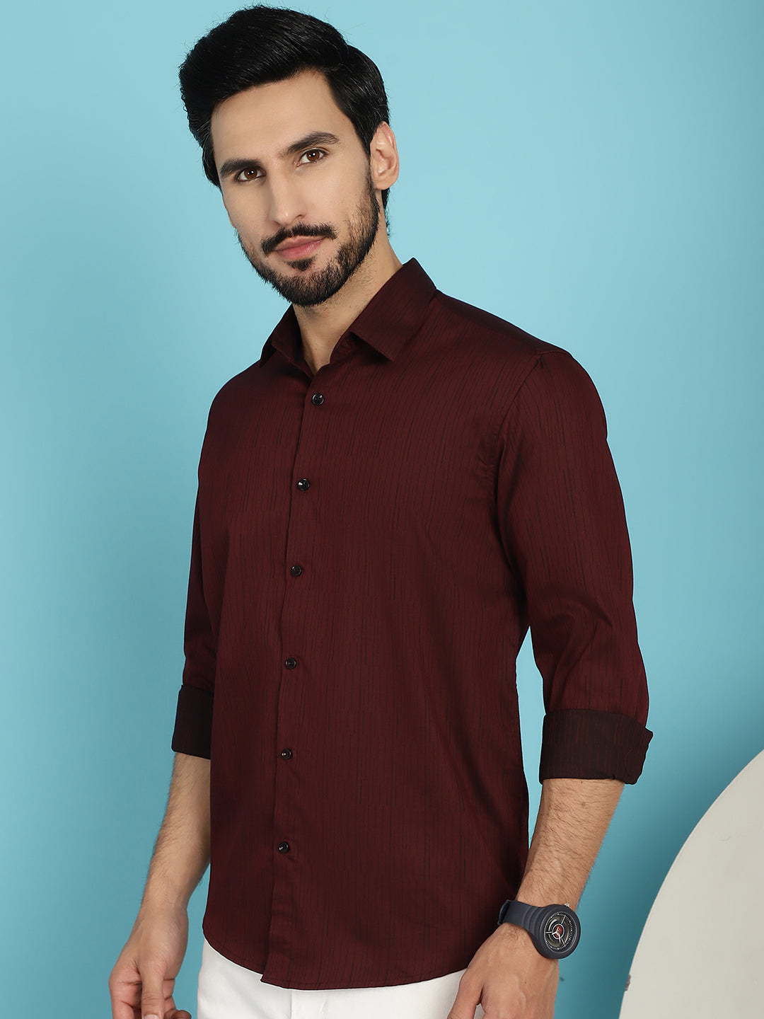 Indian Needle Men's Woven Design Casual Shirt - Maroon