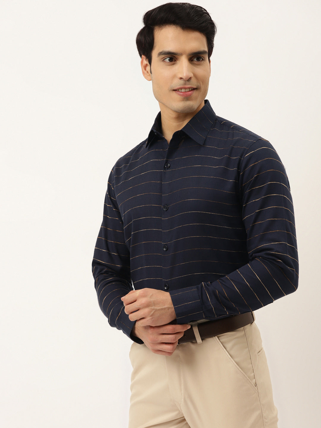 Jainish Men's Formal Cotton Horizontal Striped Shirt ( SF 790Navy )
