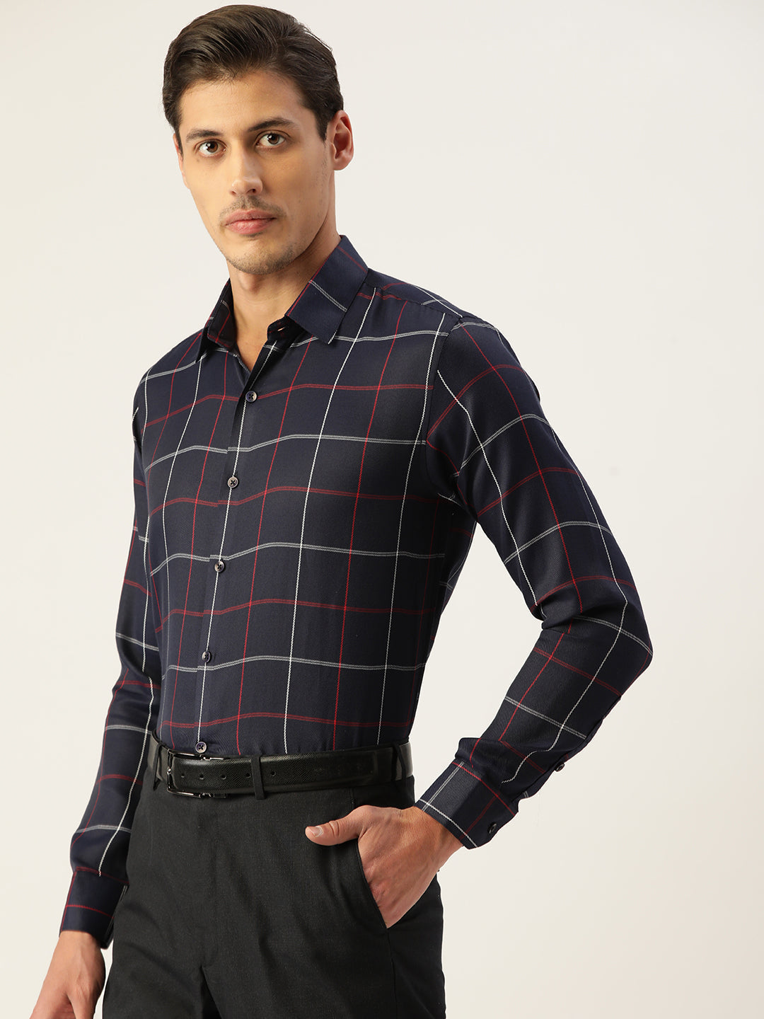 Jainish Men's Cotton Checked Formal Shirts ( SF 797Navy )