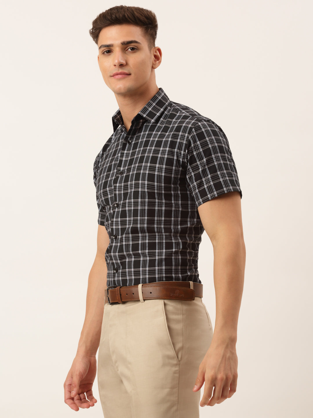 Jainish Men's Cotton Checked Half Sleeve Formal Shirts ( SF 808Black )