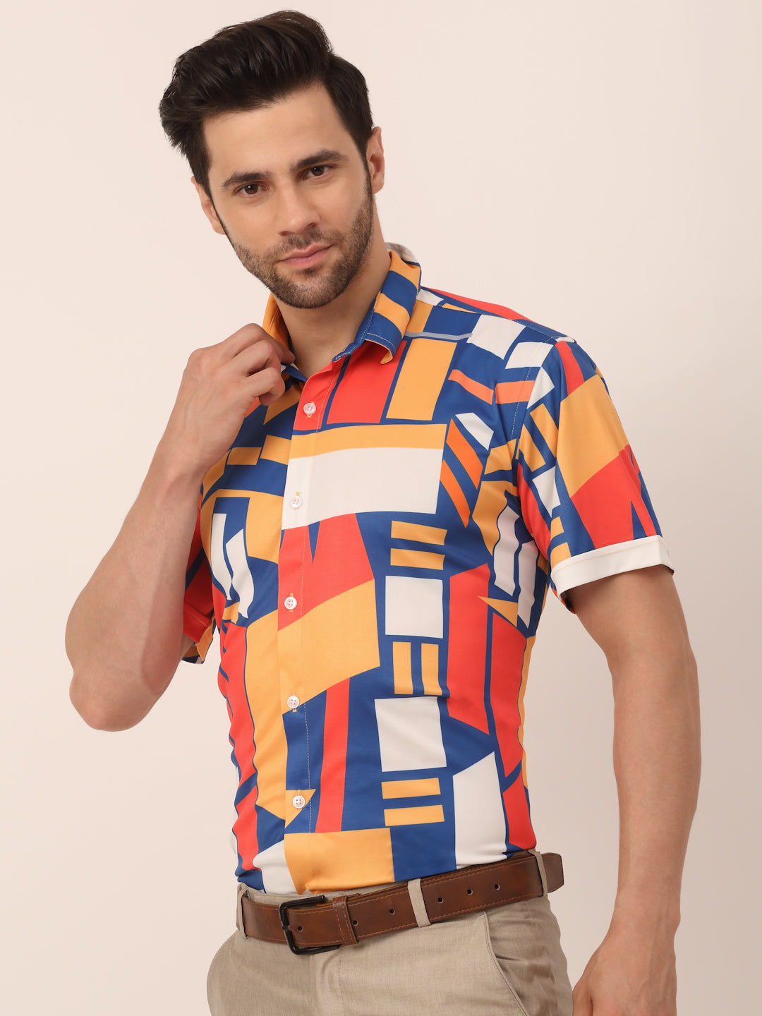 Jainish Men's Lycra Printed Half Sleeve Formal Shirts ( SF 814Navy )