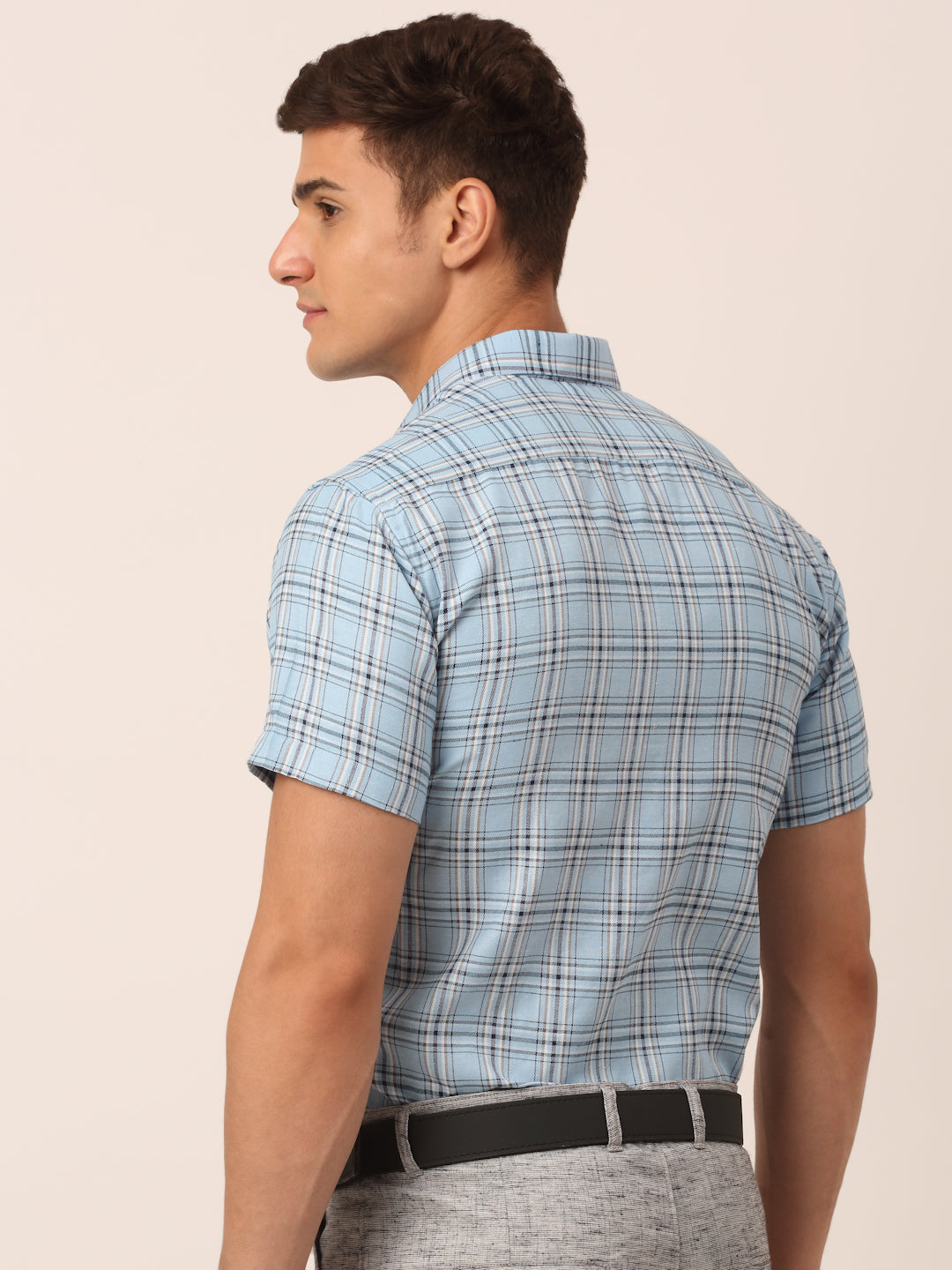 Jainish Men's Cotton Checked Half Sleeves Formal Shirts - Sky Blue