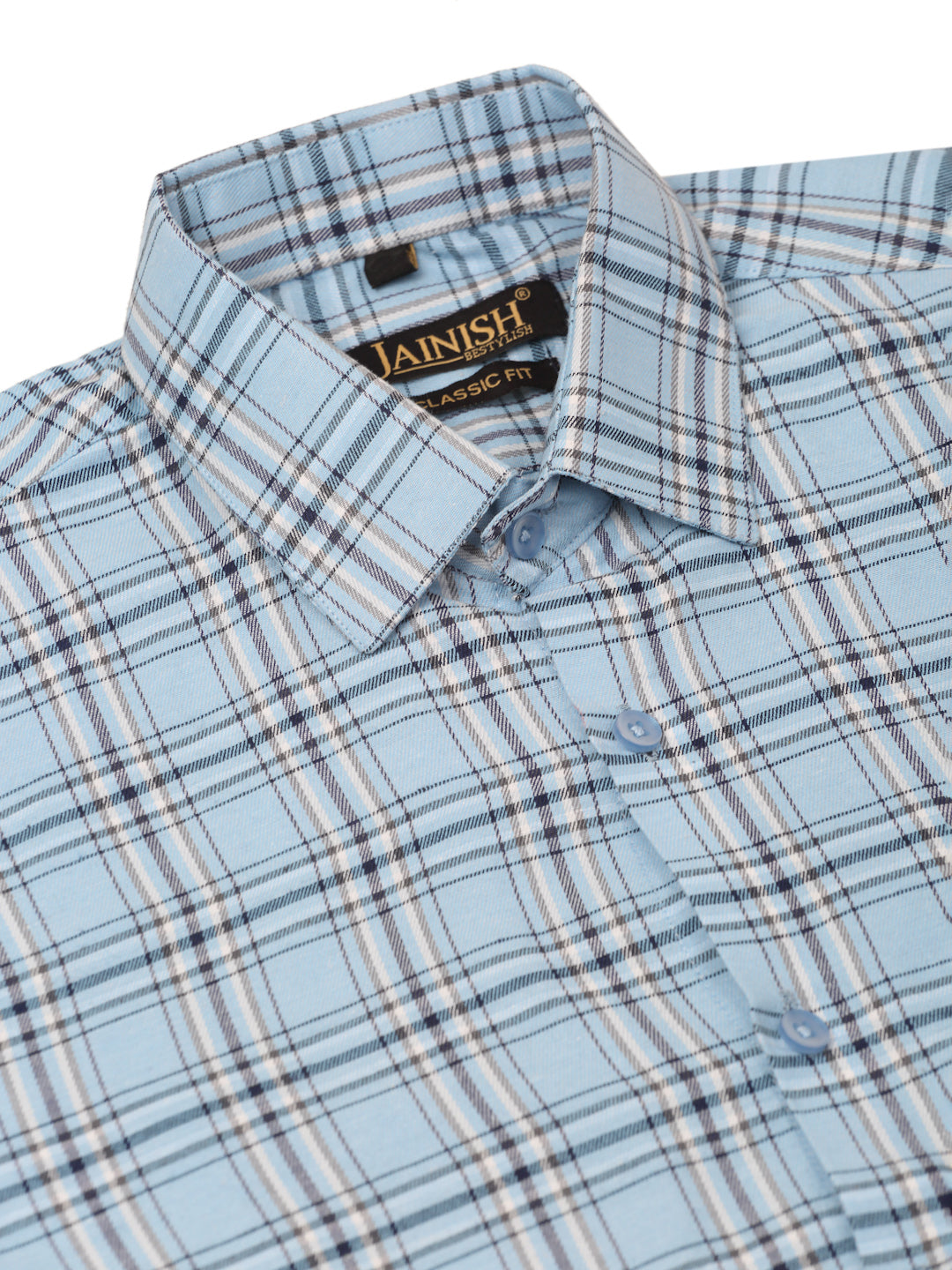 Jainish Men's Cotton Checked Half Sleeves Formal Shirts - Sky Blue