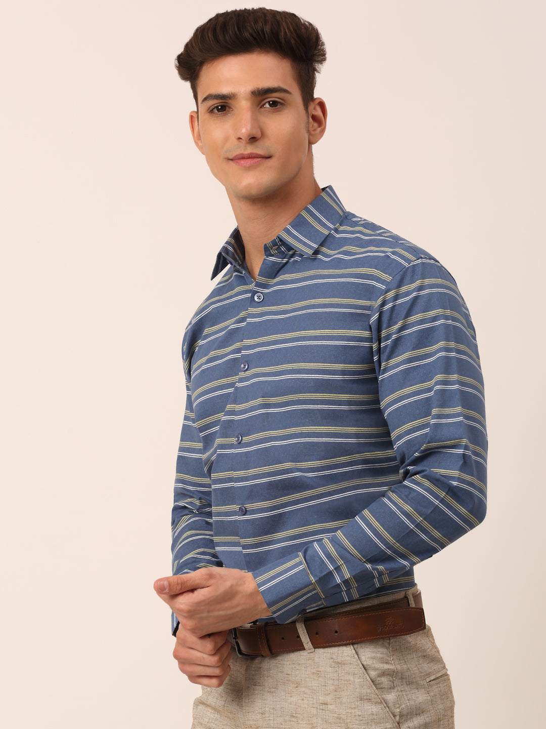 Jainish Men's Cotton Striped Formal Shirts ( SF 820Blue )