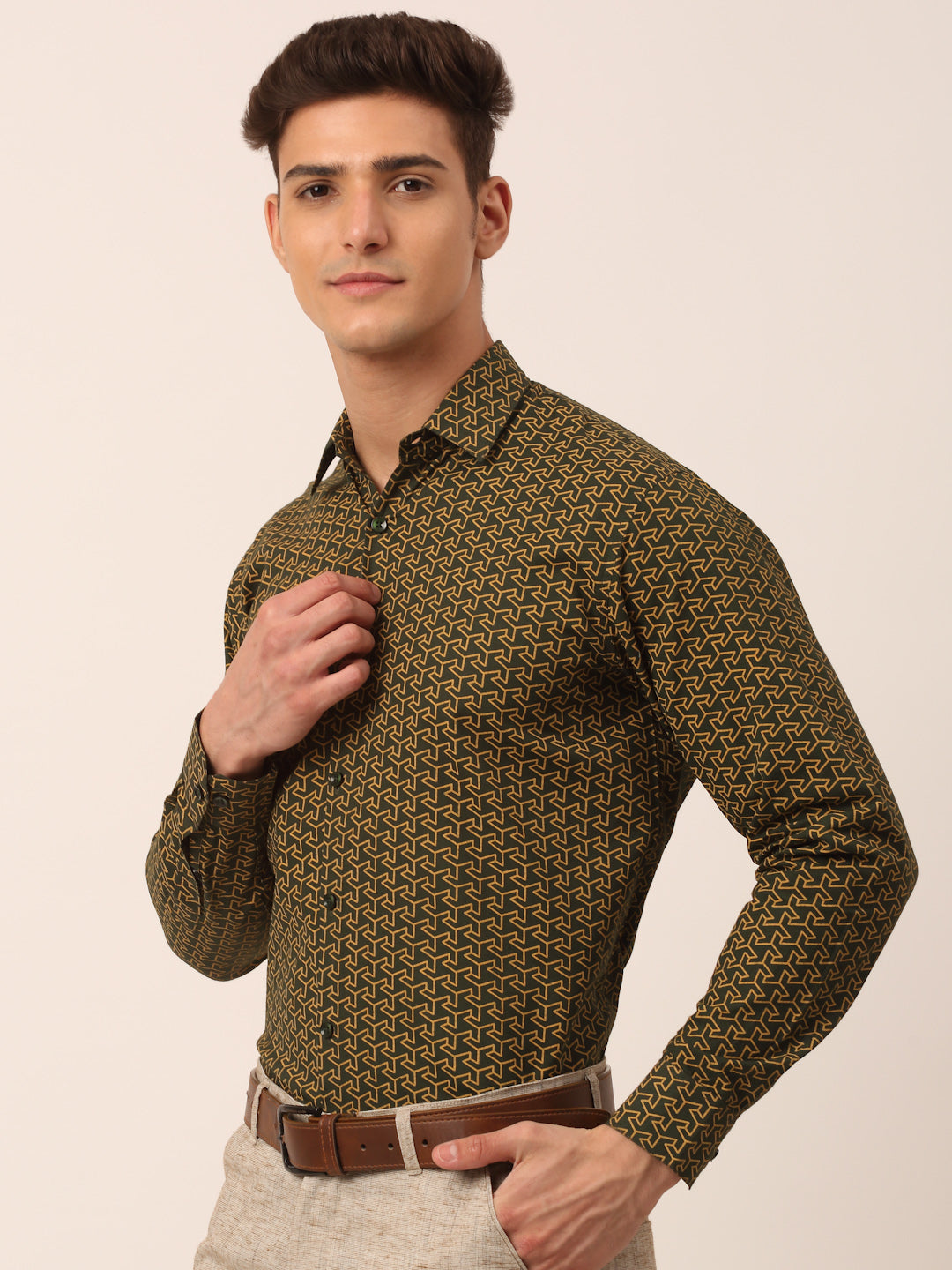 Jainish Men's Cotton Printed Formal Shirts ( SF 821Olive )