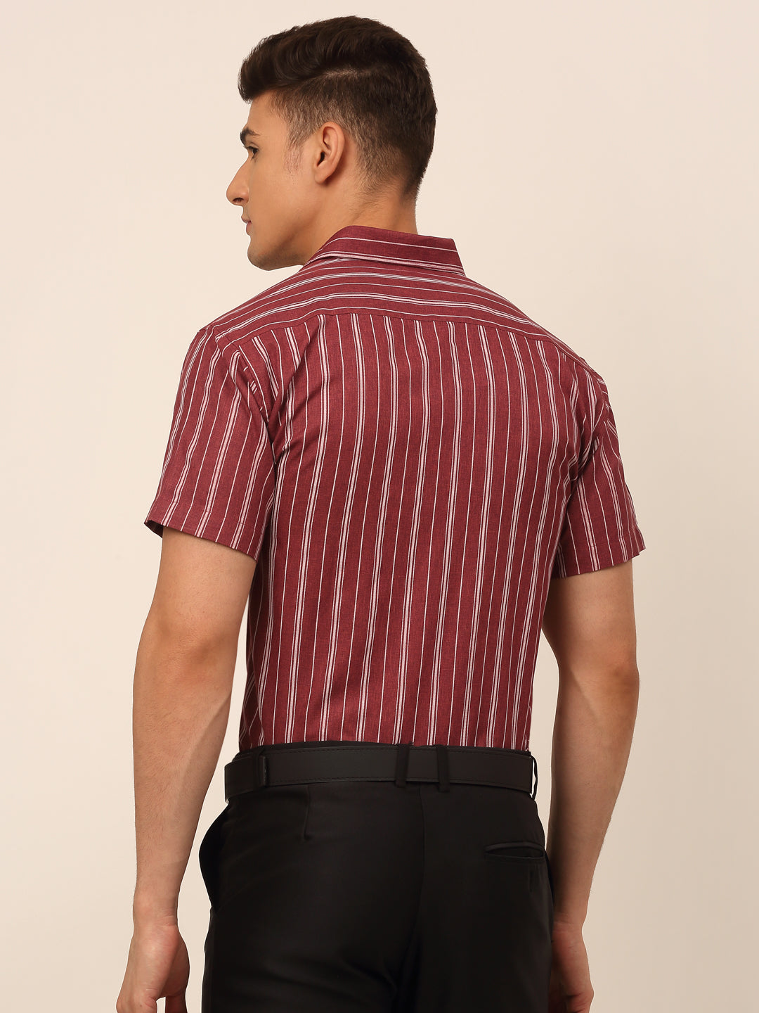 Jainish Men's Cotton Striped Formal Shirts - Maroon