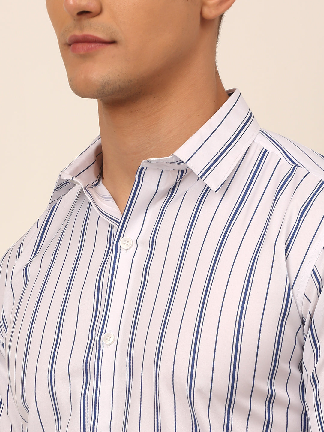 Jainish Men's Cotton Striped Formal Shirts - White