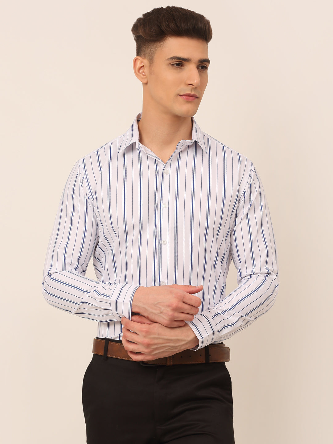 Jainish Men's White & Blue Classic Striped Formal Shirt