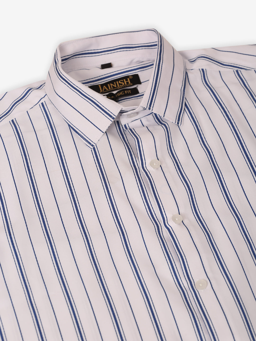 Jainish Men's White & Blue Classic Striped Formal Shirt