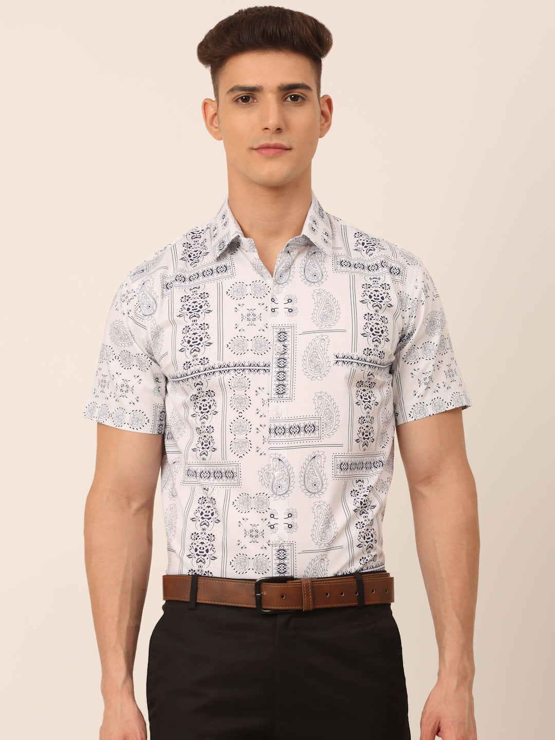 Jainish Men's Cotton Printed Formal Shirts - White