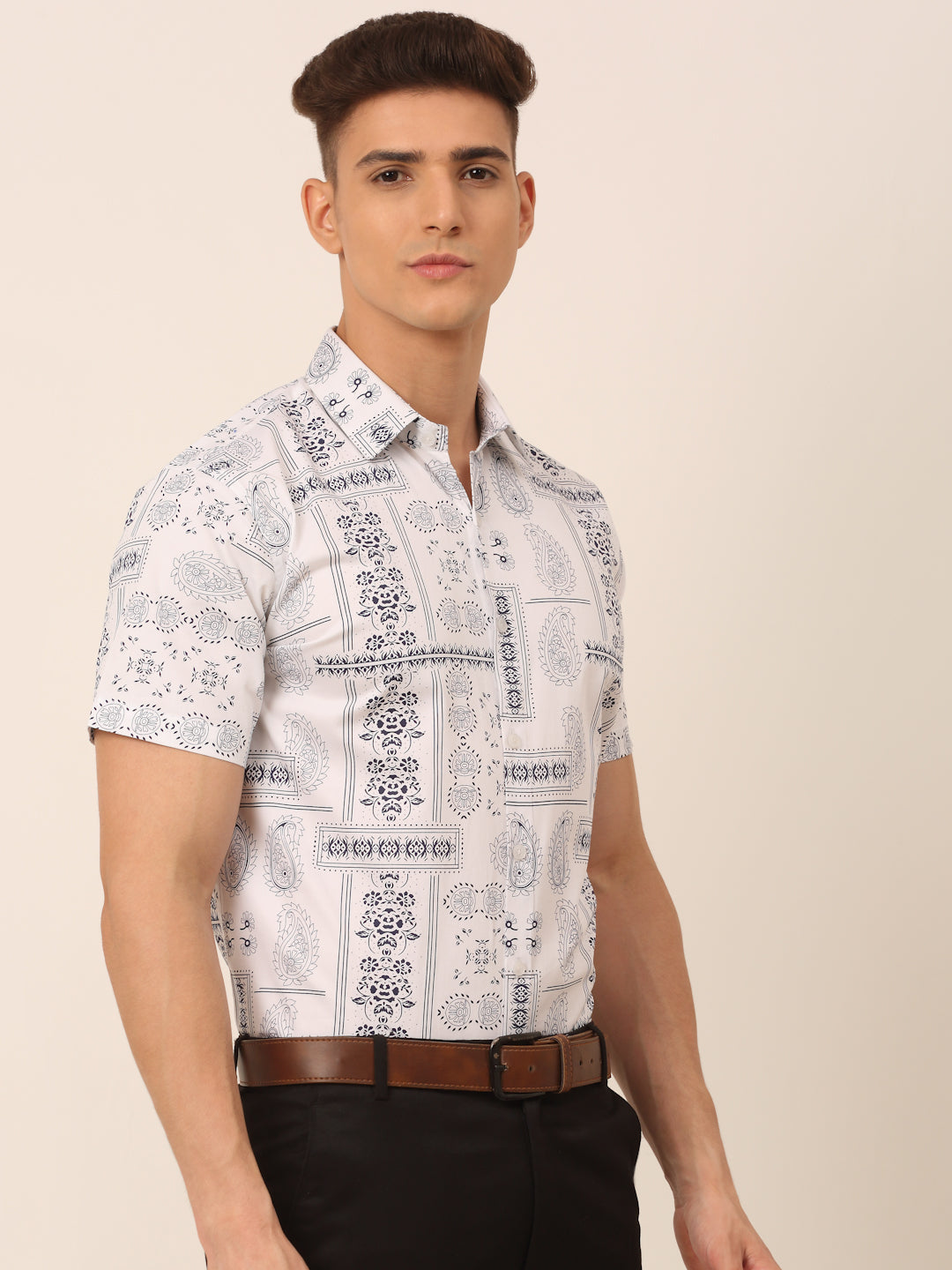 Jainish Men's Cotton Printed Formal Shirts - White