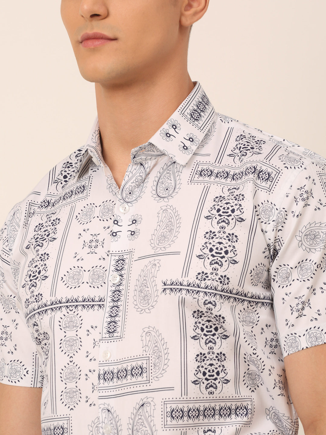 Jainish Men's Cotton Printed Formal Shirts - White