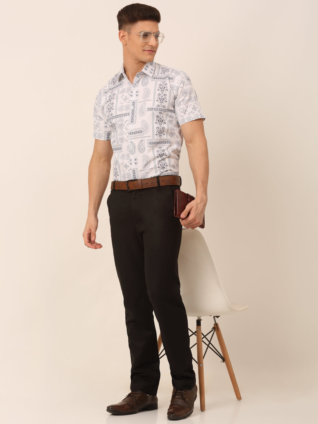 Jainish Men's Cotton Printed Formal Shirts - White
