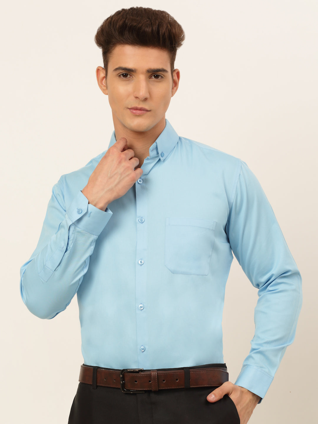 Jainish Men's Cotton Solid Formal Shirt - Sky Blue