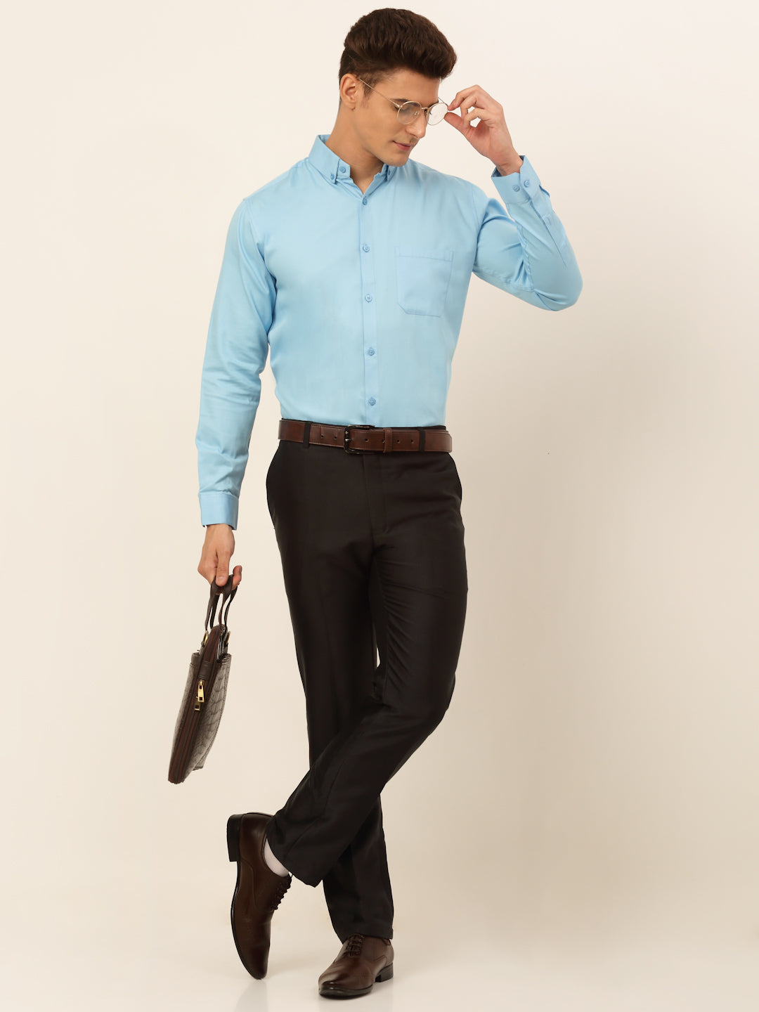 Jainish Men's Cotton Solid Formal Shirt - Sky Blue