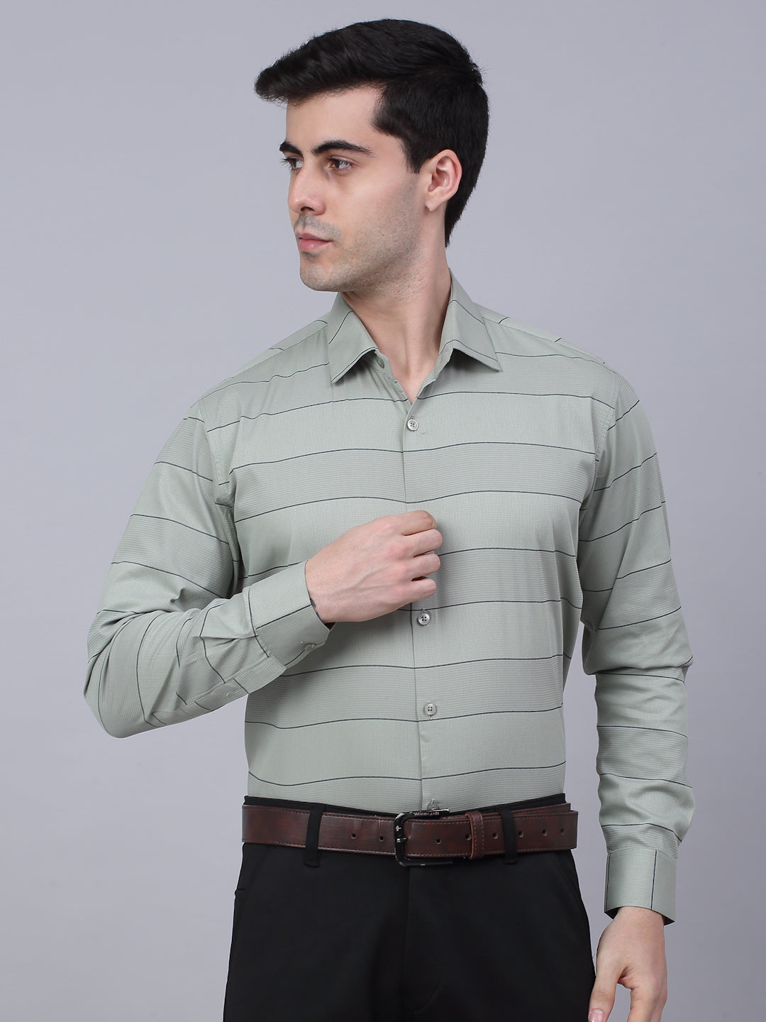 Jainish Men's Pista Green Horizontal Striped Formal Shirt