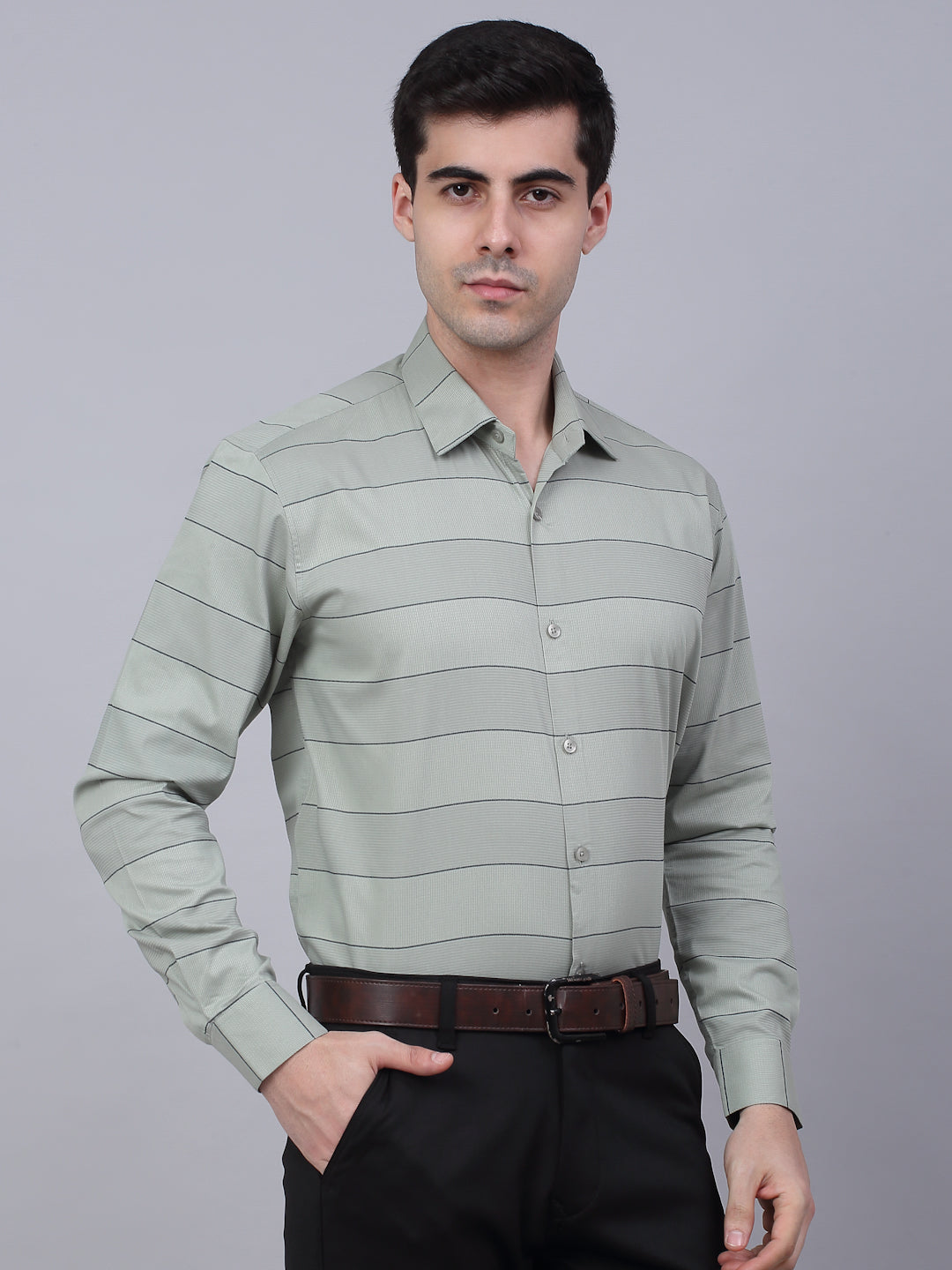 Jainish Men's Pista Green Horizontal Striped Formal Shirt