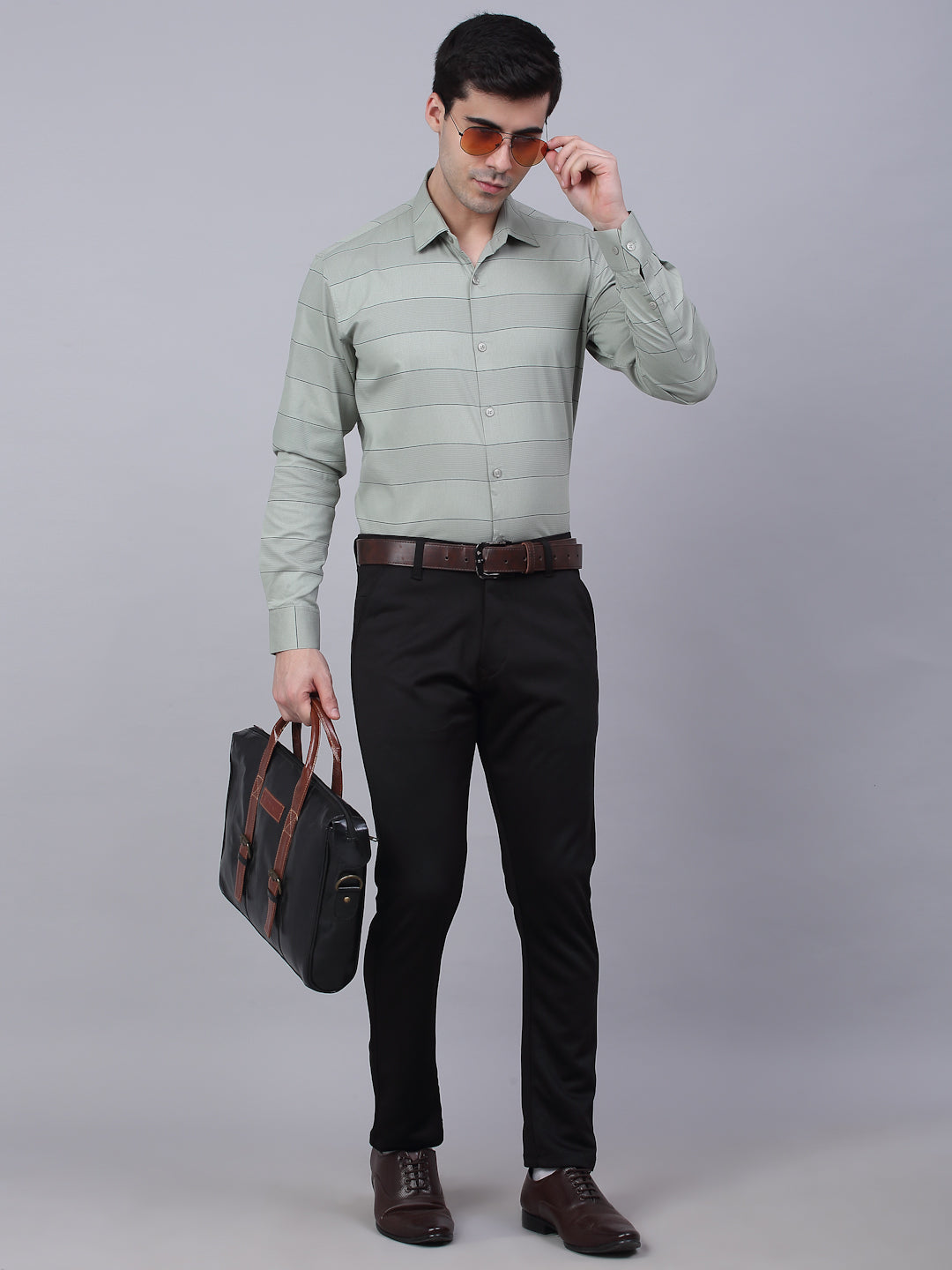 Jainish Men's Pista Green Horizontal Striped Formal Shirt