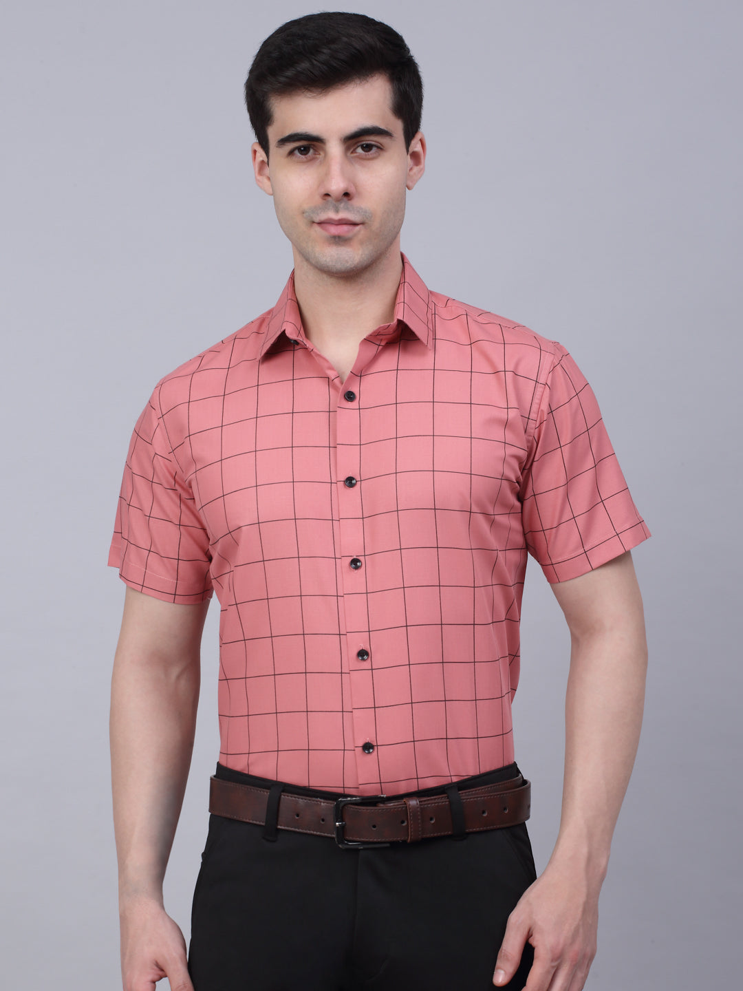 Jainish Men's Cotton Half Sleeve Checked Formal Shirts - Peach