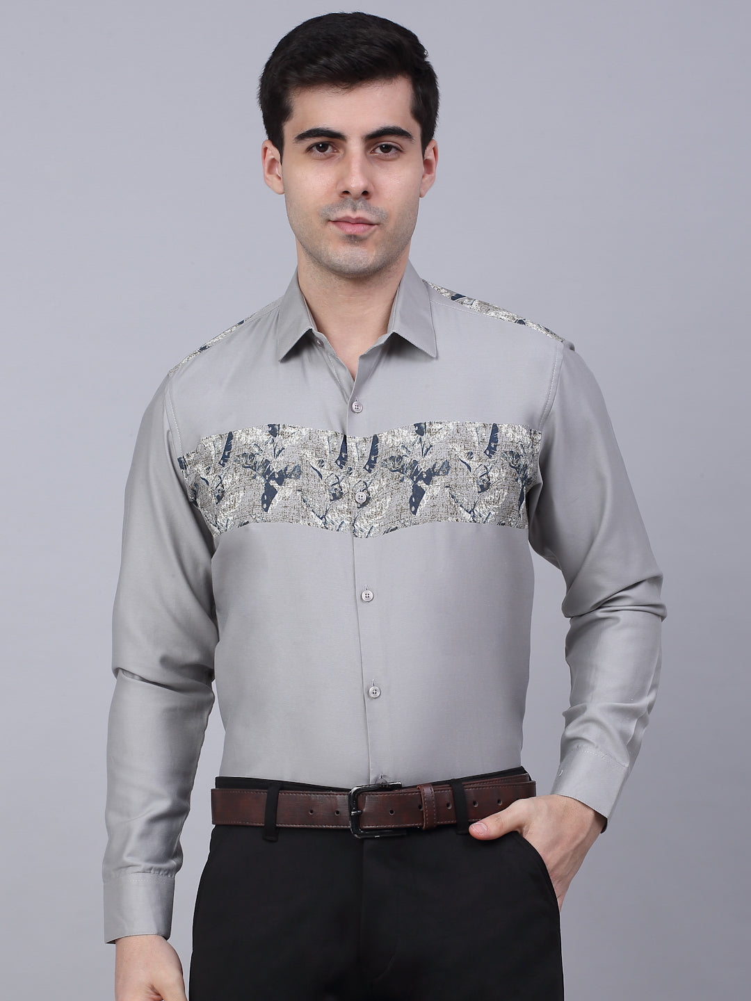 Jainish Men's Cotton Lycra Printed Formal Shirts - Steel-Grey