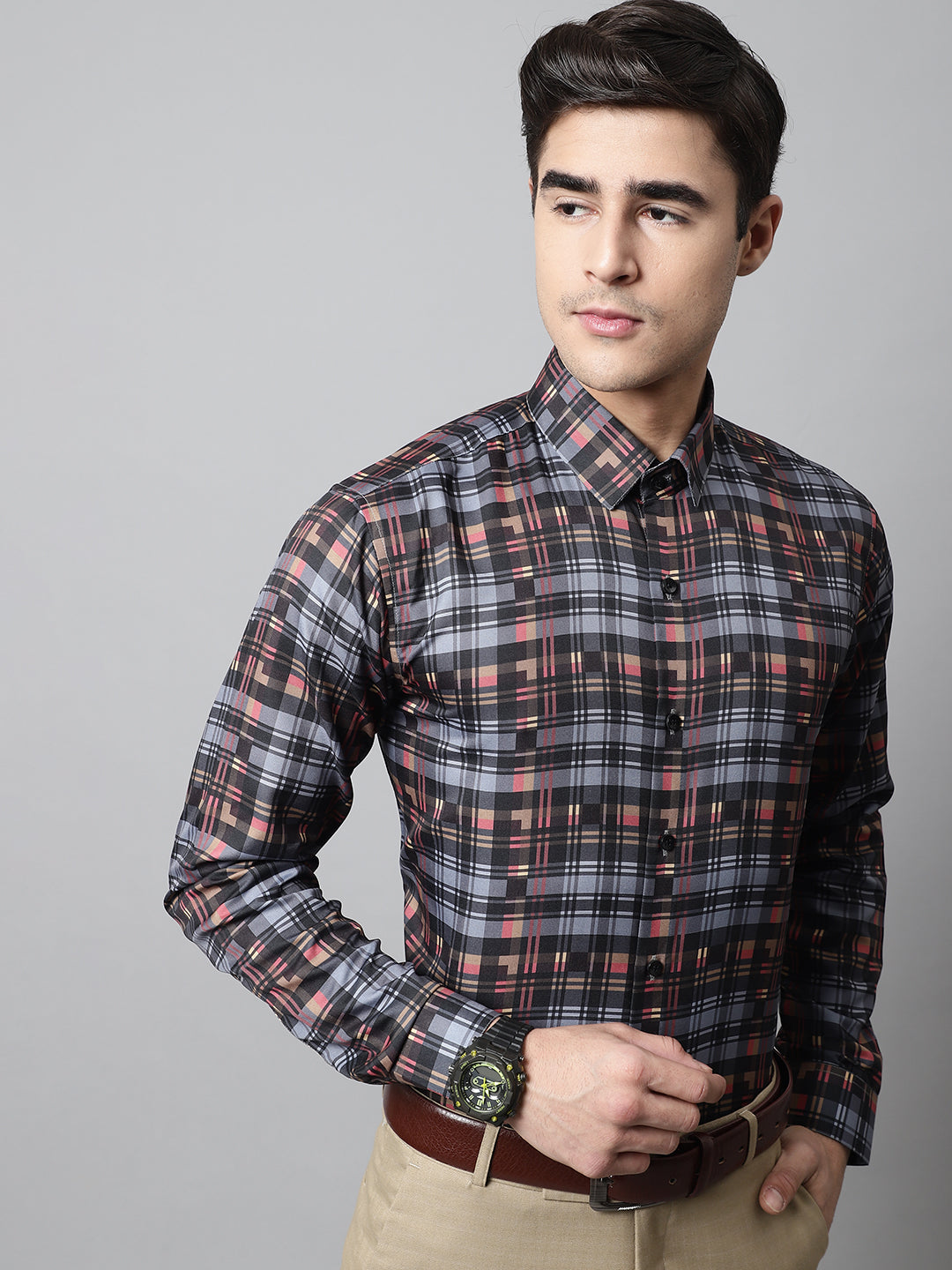 Jainish Men's Grey Checks Regular Fit Cotton Formal Shirt