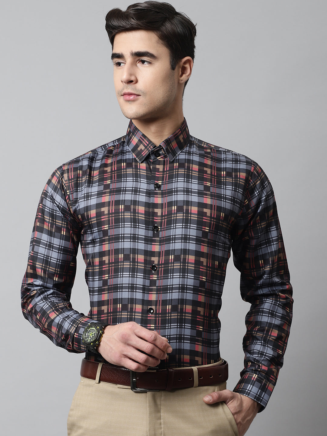 Jainish Men's Grey Checks Regular Fit Cotton Formal Shirt