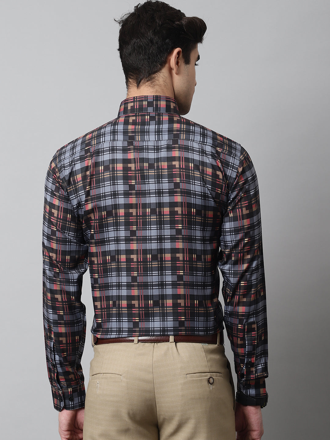 Jainish Men's Grey Checks Regular Fit Cotton Formal Shirt