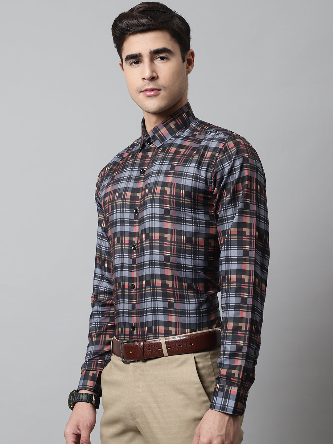 Jainish Men's Grey Checks Regular Fit Cotton Formal Shirt