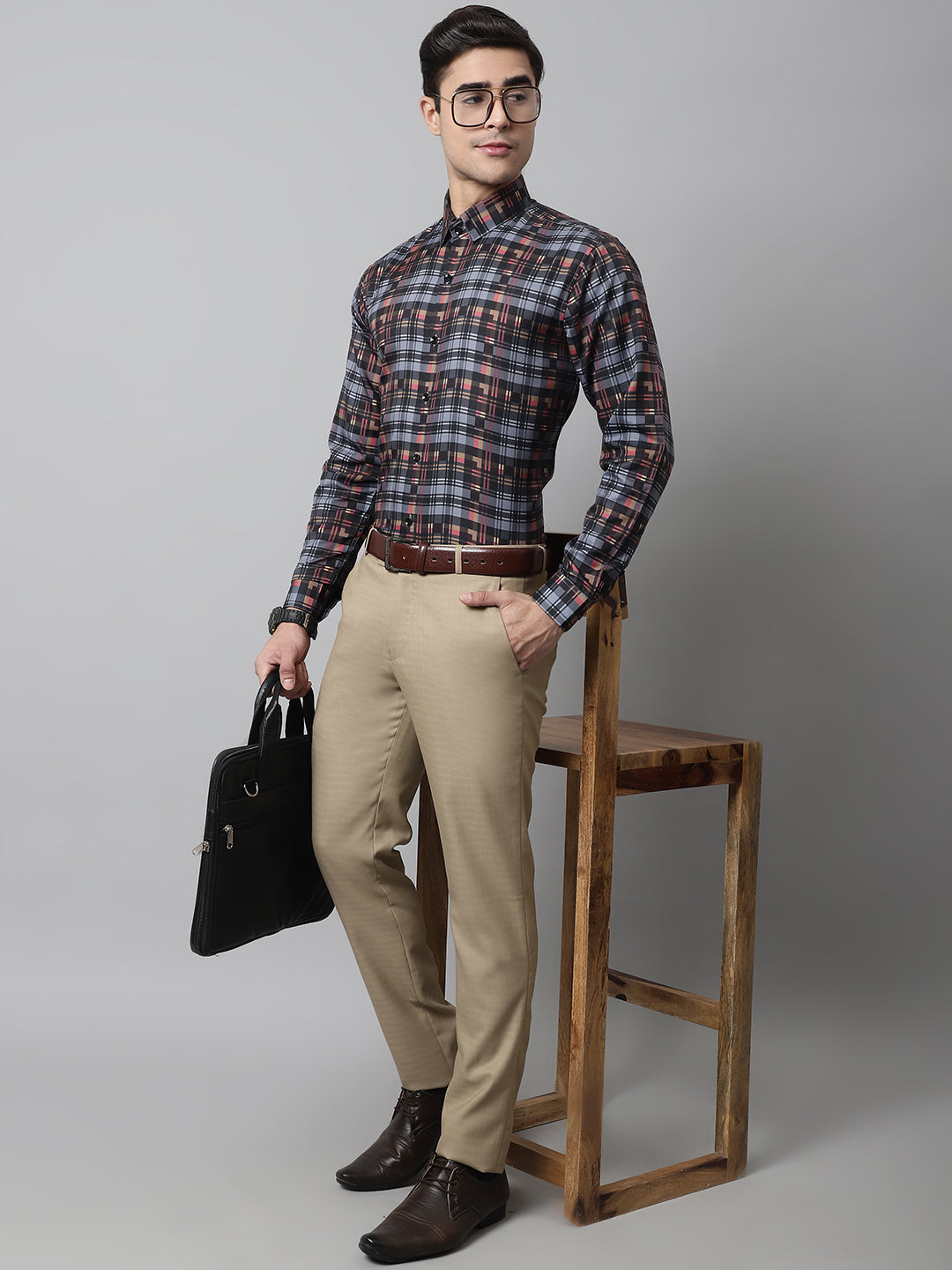 Jainish Men's Grey Checks Regular Fit Cotton Formal Shirt