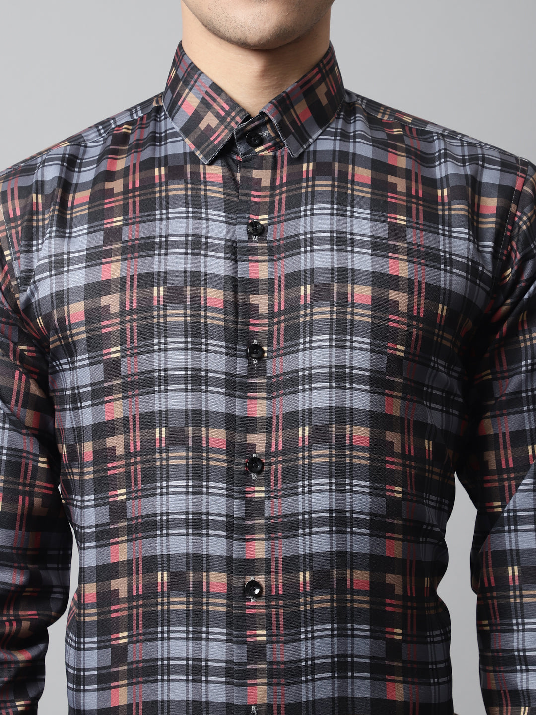 Jainish Men's Grey Checks Regular Fit Cotton Formal Shirt