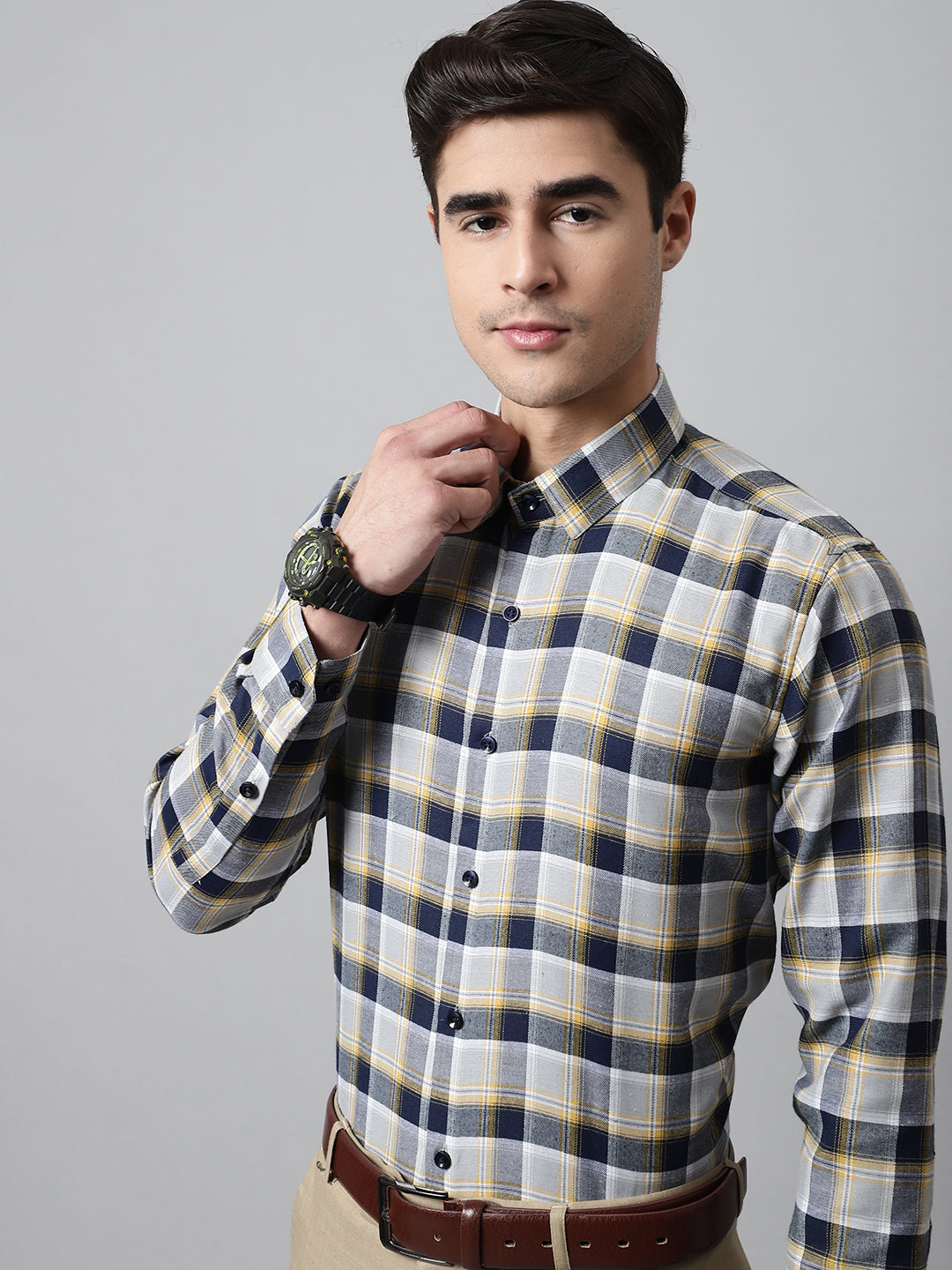 Jainish Men's Navy Blue and Grey Checks Regular Fit Cotton Formal Shirt