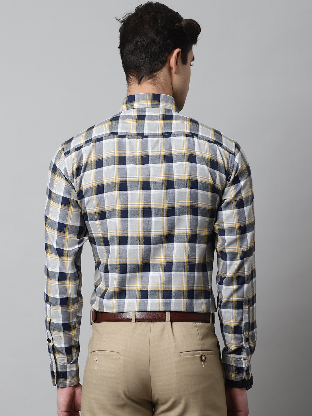 Jainish Men's Navy Blue and Grey Checks Regular Fit Cotton Formal Shirt