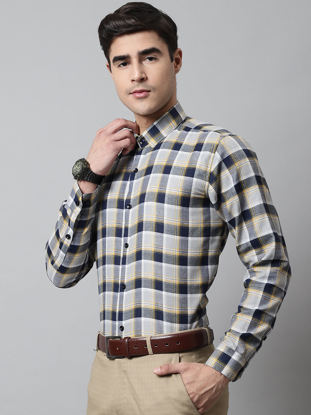 Jainish Men's Navy Blue and Grey Checks Regular Fit Cotton Formal Shirt