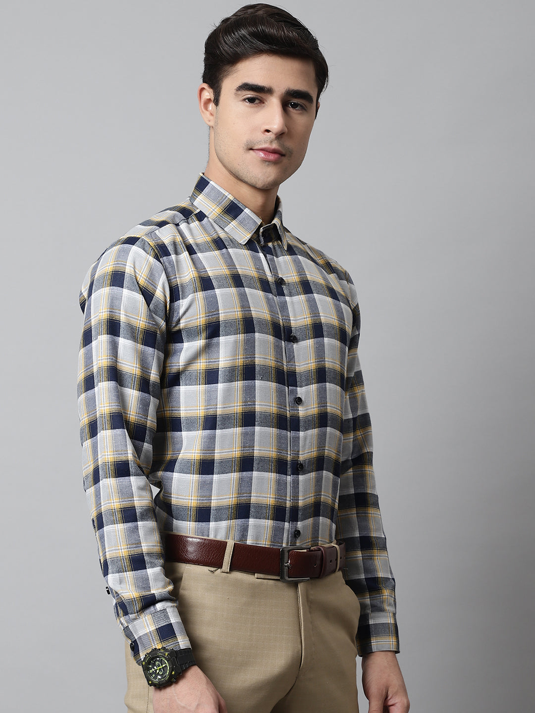 Jainish Men's Navy Blue and Grey Checks Regular Fit Cotton Formal Shirt