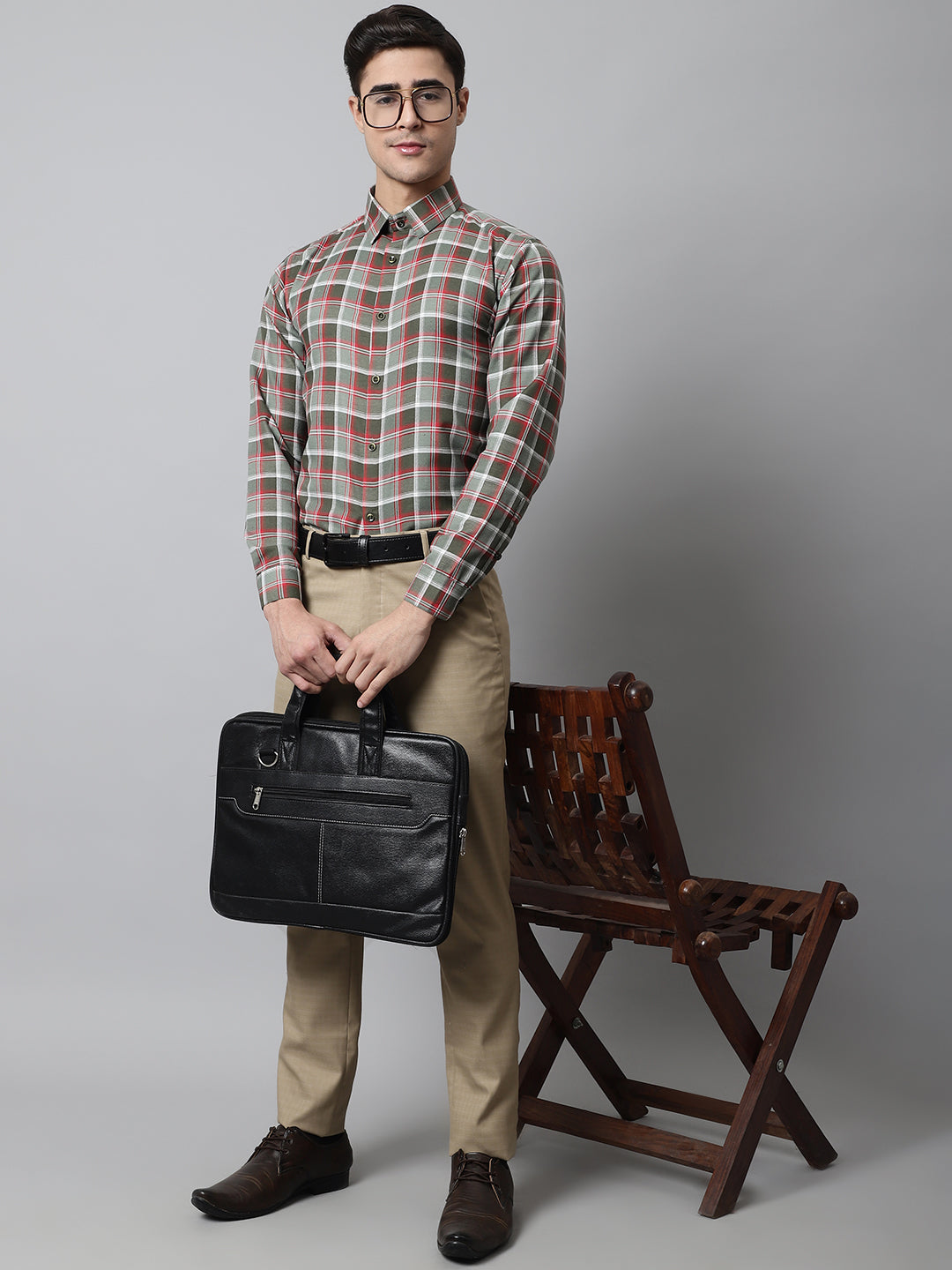 Jainish Men's Olive and Red Checks Regular Fit Cotton Formal Shirt