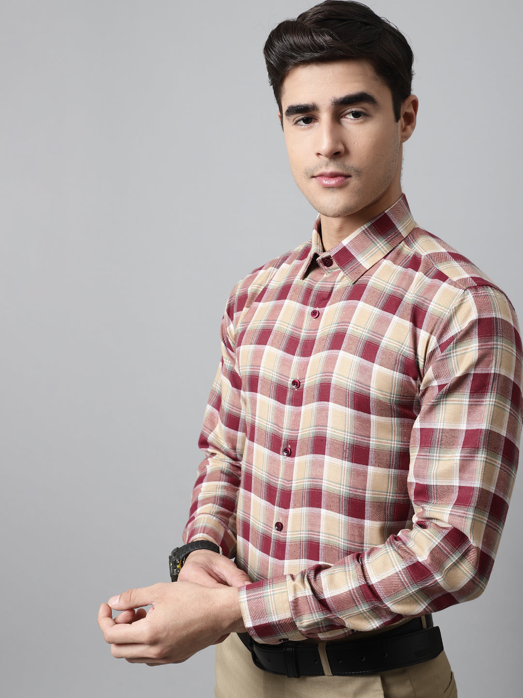 Jainish Men's Red and Beige Checks Regular Fit Cotton Formal Shirt