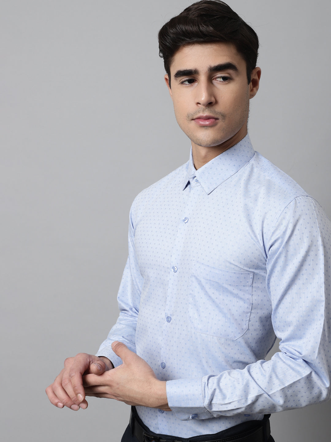 Jainish Men's Sky Blue Micro Ditsy Printed Pure Cotton Formal Shirt
