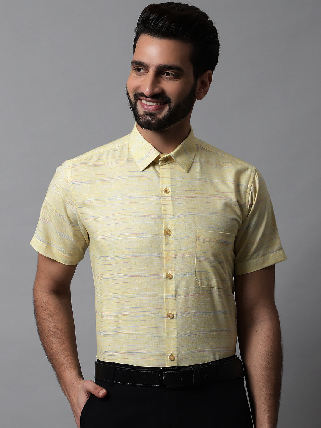 Jainish Men's Yellow Woven Design Short Sleeves Formal Shirt
