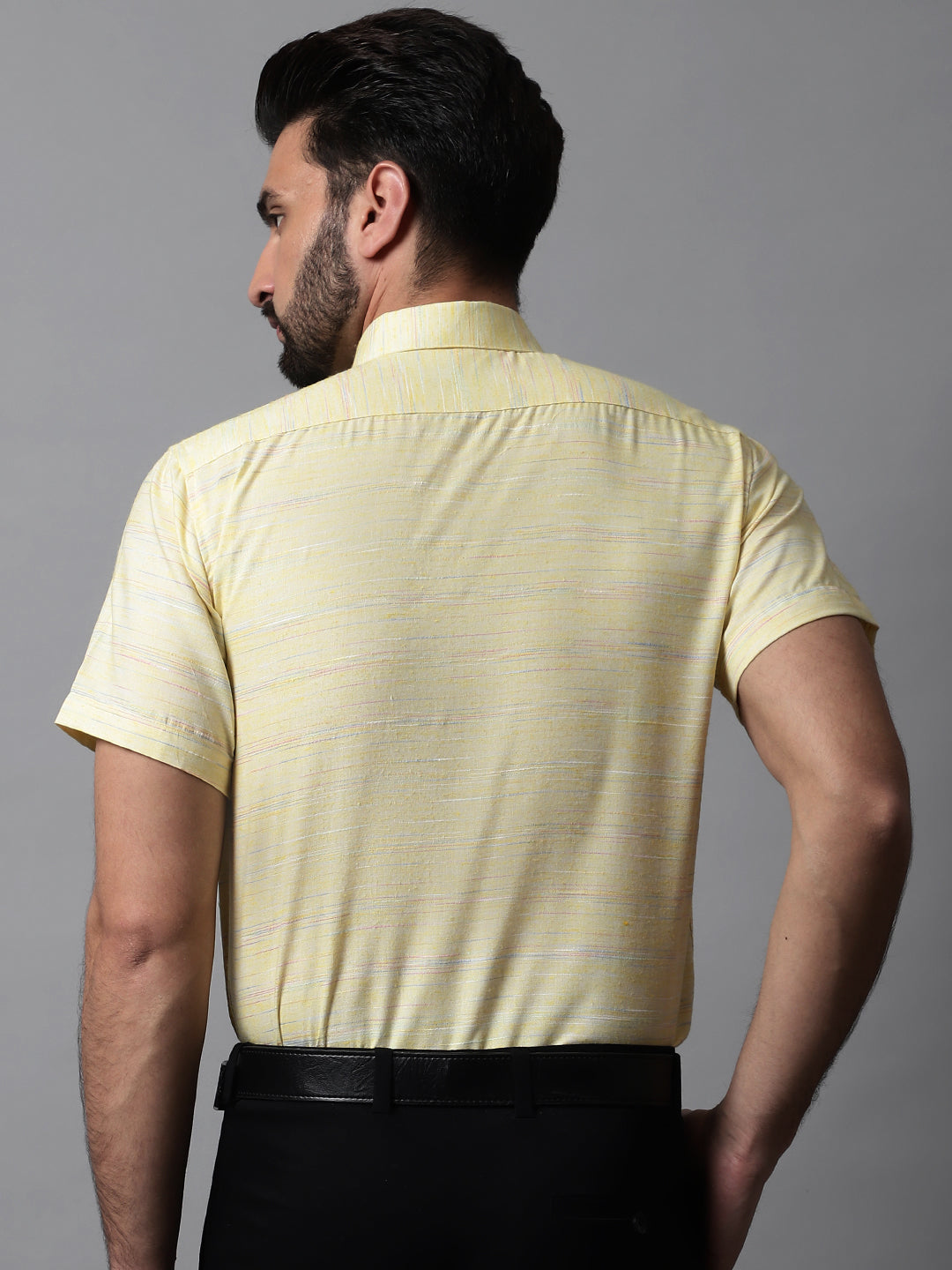 Jainish Men's Yellow Woven Design Short Sleeves Formal Shirt