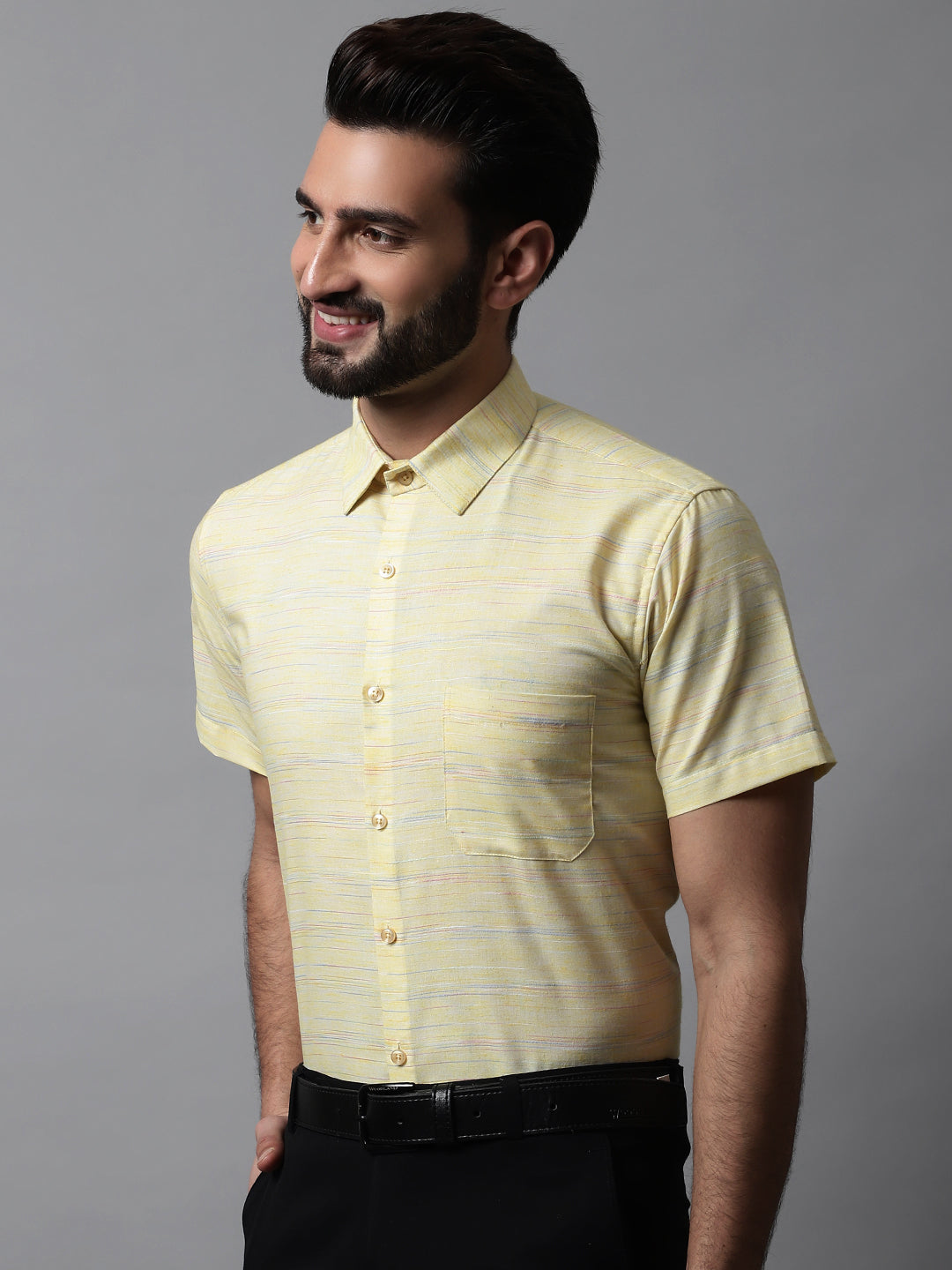 Jainish Men's Yellow Woven Design Short Sleeves Formal Shirt