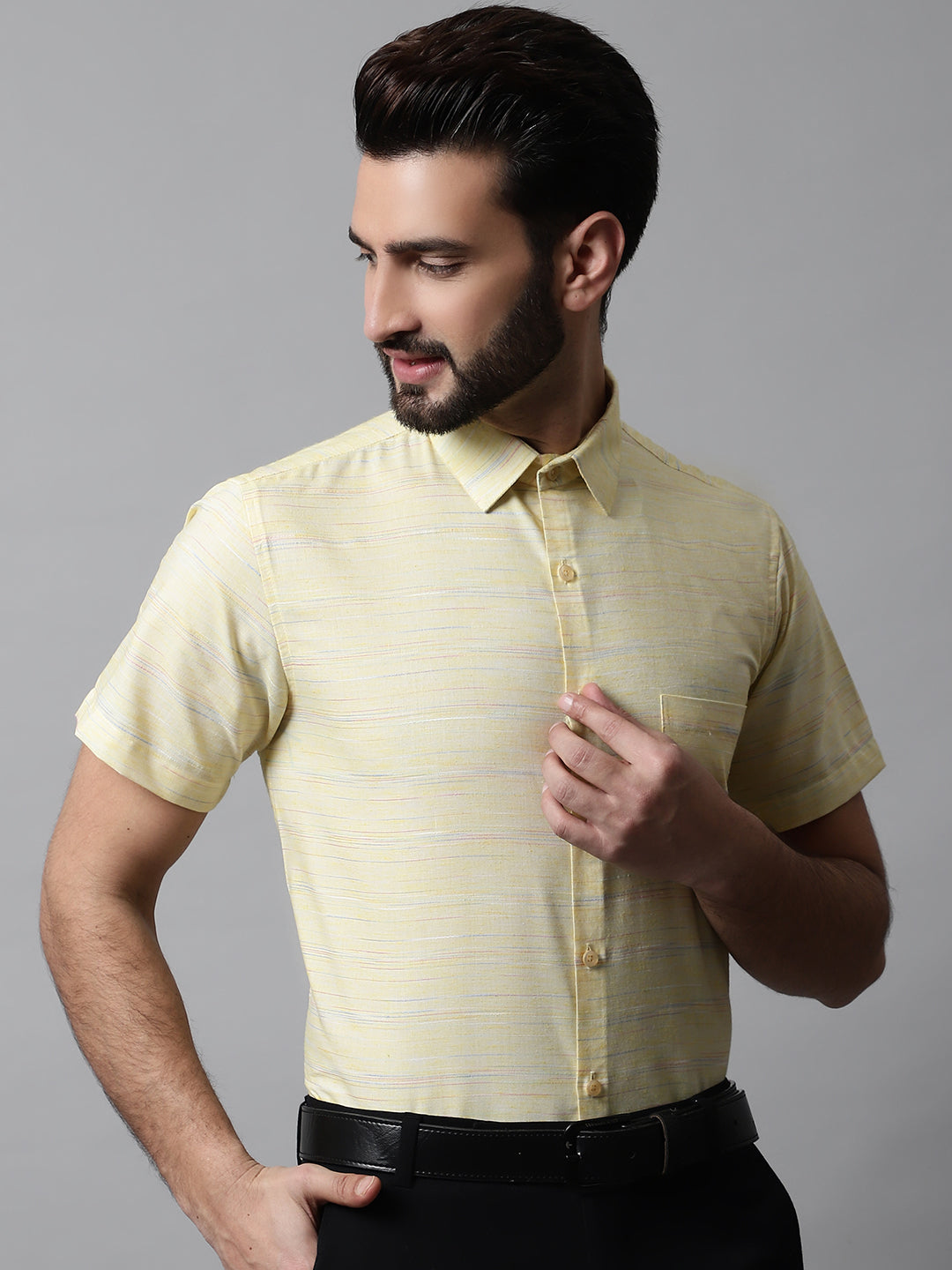 Jainish Men's Yellow Woven Design Short Sleeves Formal Shirt