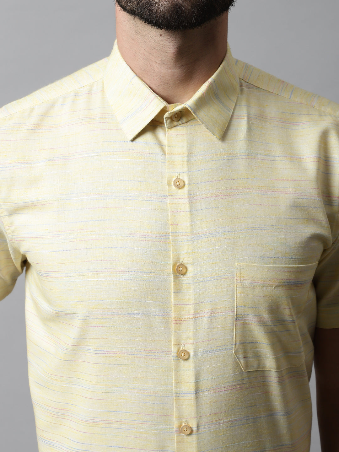 Jainish Men's Yellow Woven Design Short Sleeves Formal Shirt
