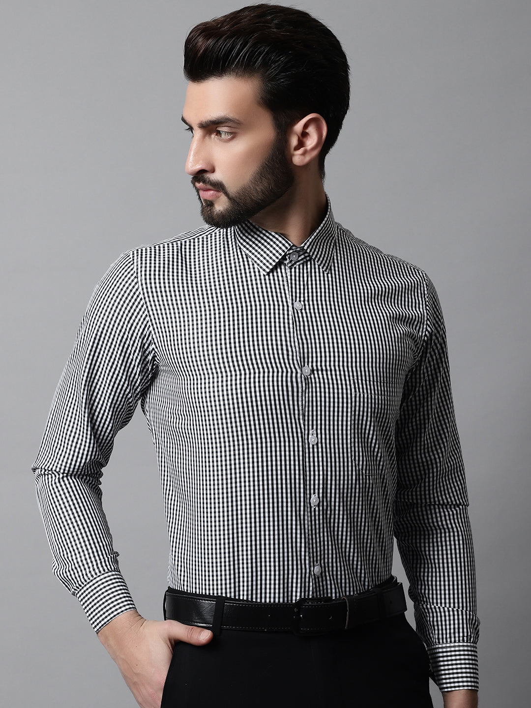 Jainish Men's Black Micro Checked Causal Shirt