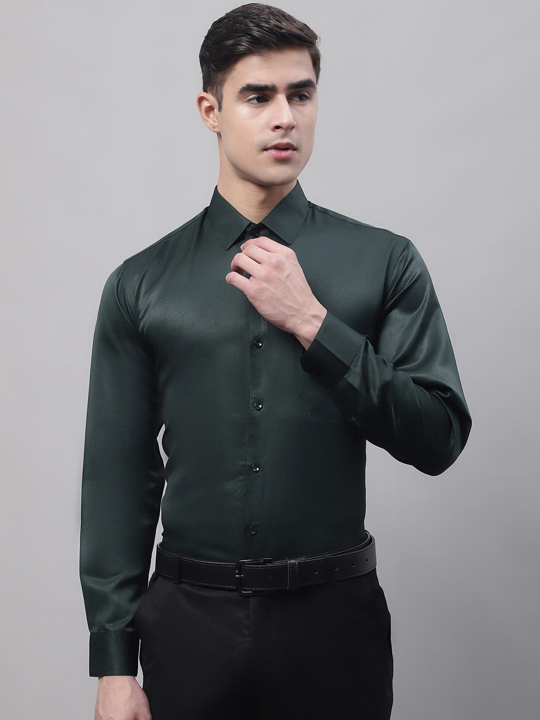 Jainish Men's Olive Green Dobby Textured Formal Shirt