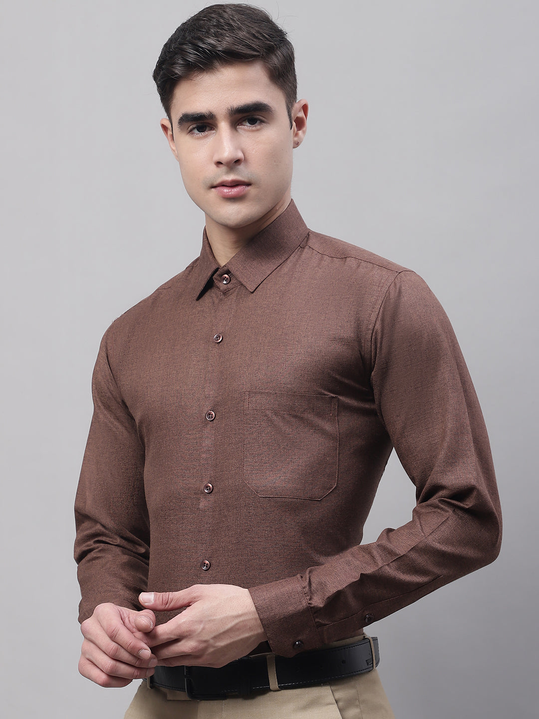 Jainish Men's Coffee Brown Cotton Solid Formal Shirt