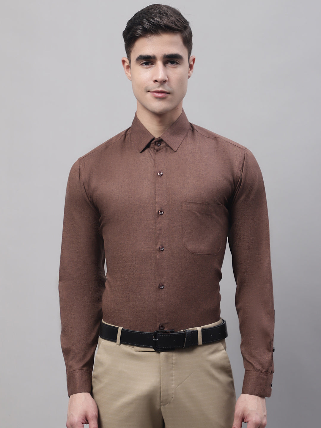 Jainish Men's Coffee Brown Cotton Solid Formal Shirt
